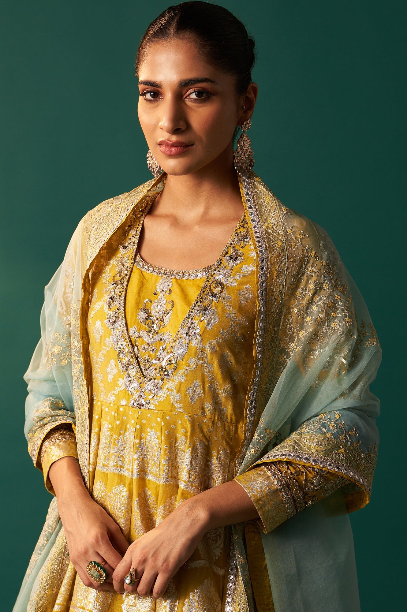 Green Embroidered Zari Work Flared Cotton Dress with Dupatta Set