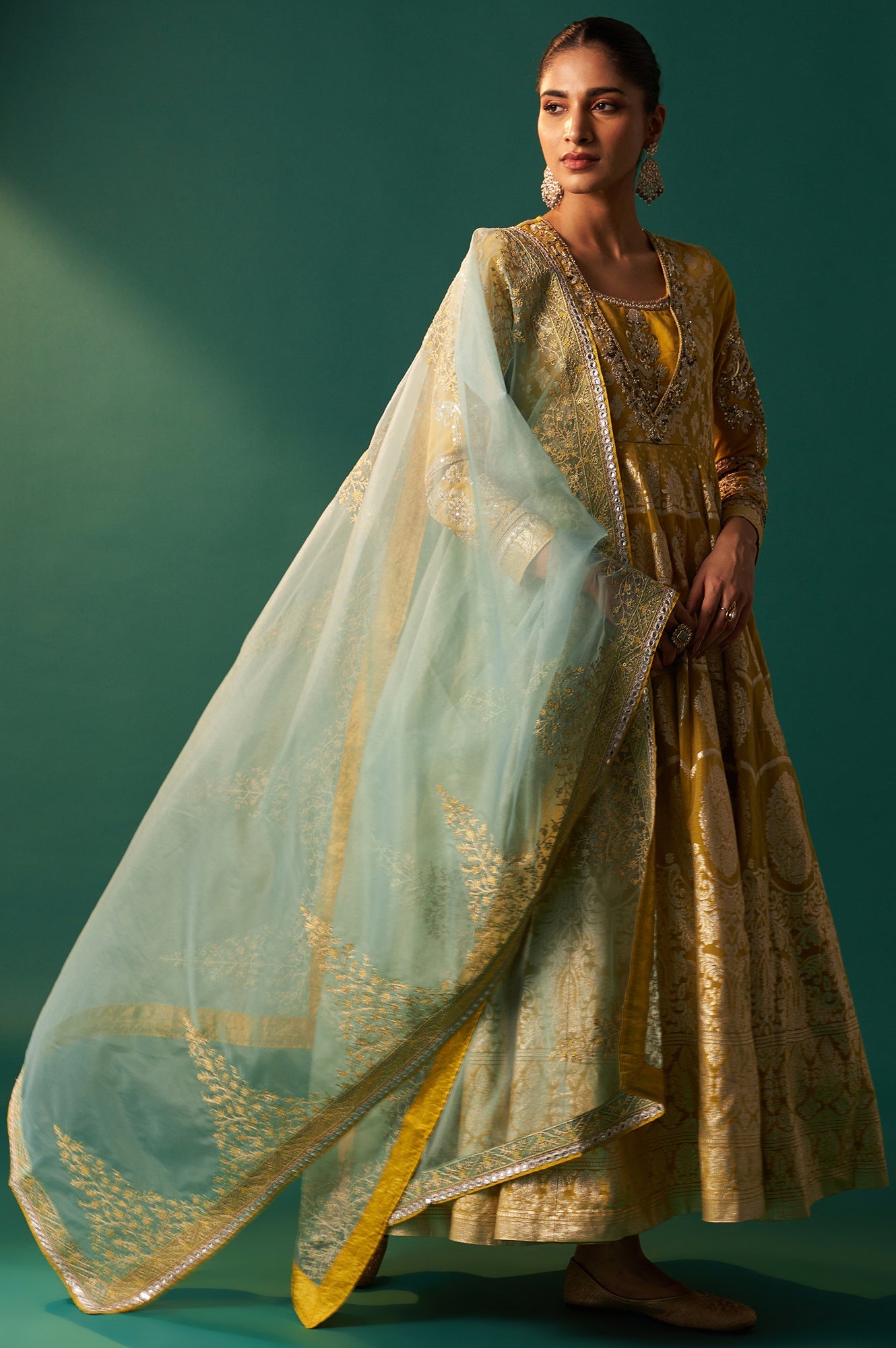 Green Embroidered Zari Work Flared Cotton Dress with Dupatta Set