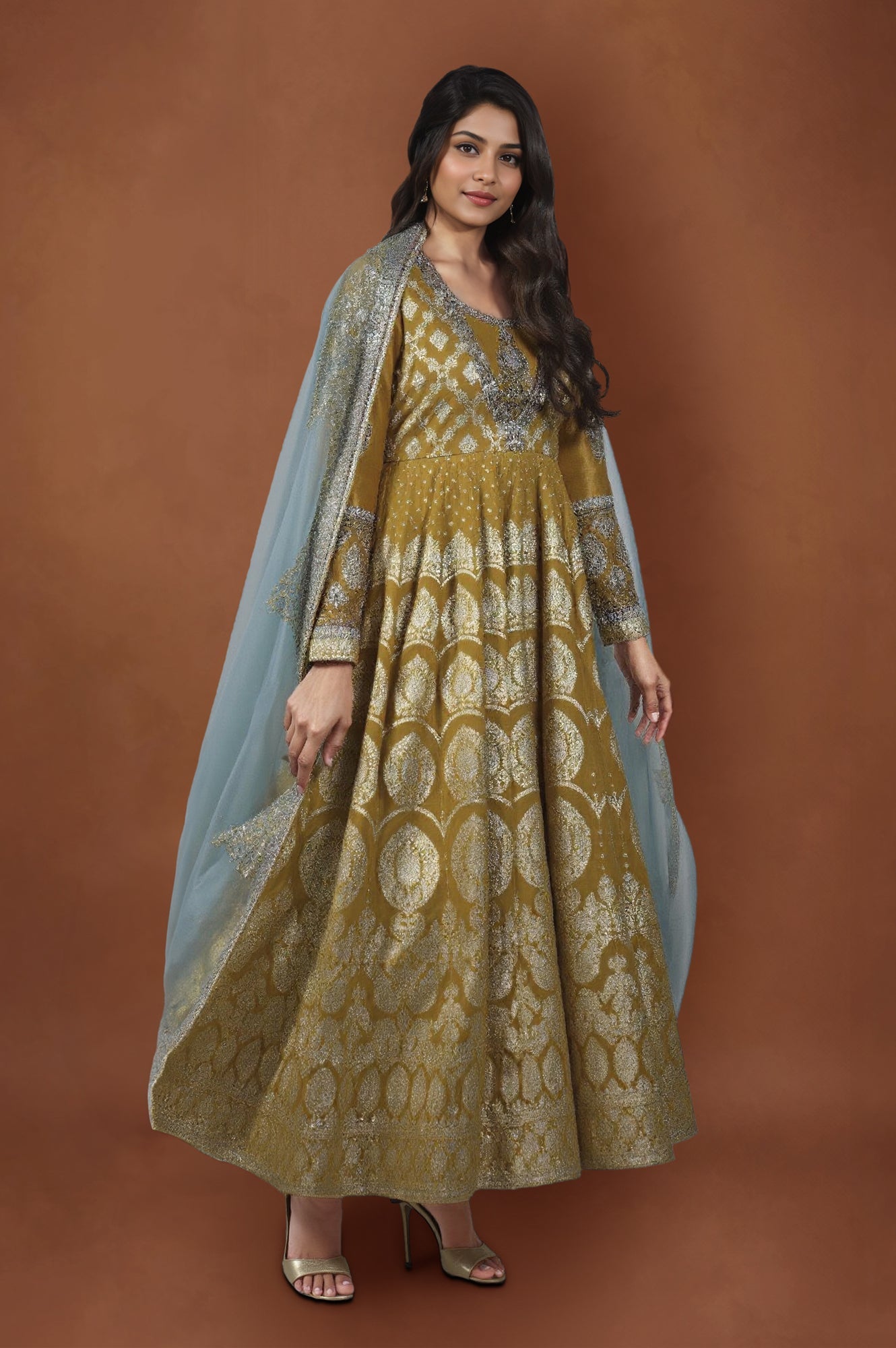 Celery Green Zari Embroidered Anarkali Jacquard Dress and Dupatta Set