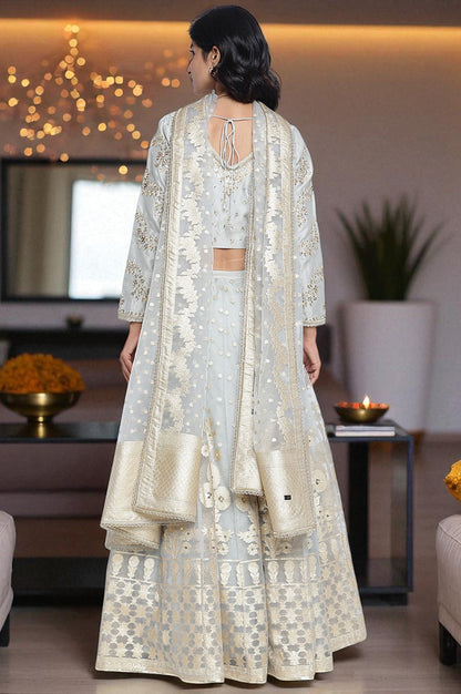 Sky Blue Solid Printed Chandari Silk Flared Blouse, Skirt and Dupatta Set