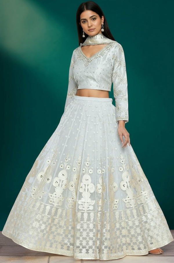 Sky Blue Solid Printed Chandari Silk Flared Blouse, Skirt and Dupatta Set