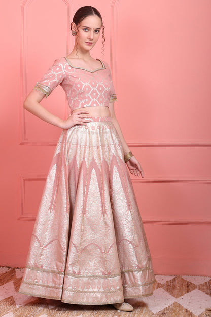 Pink Embroidered Jacquard Blouse, Flared Lehenga and Dupatta Set