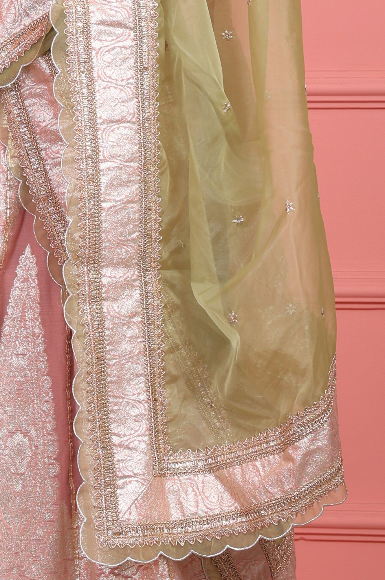 Pink Embroidered Jacquard Blouse, Flared Lehenga and Dupatta Set