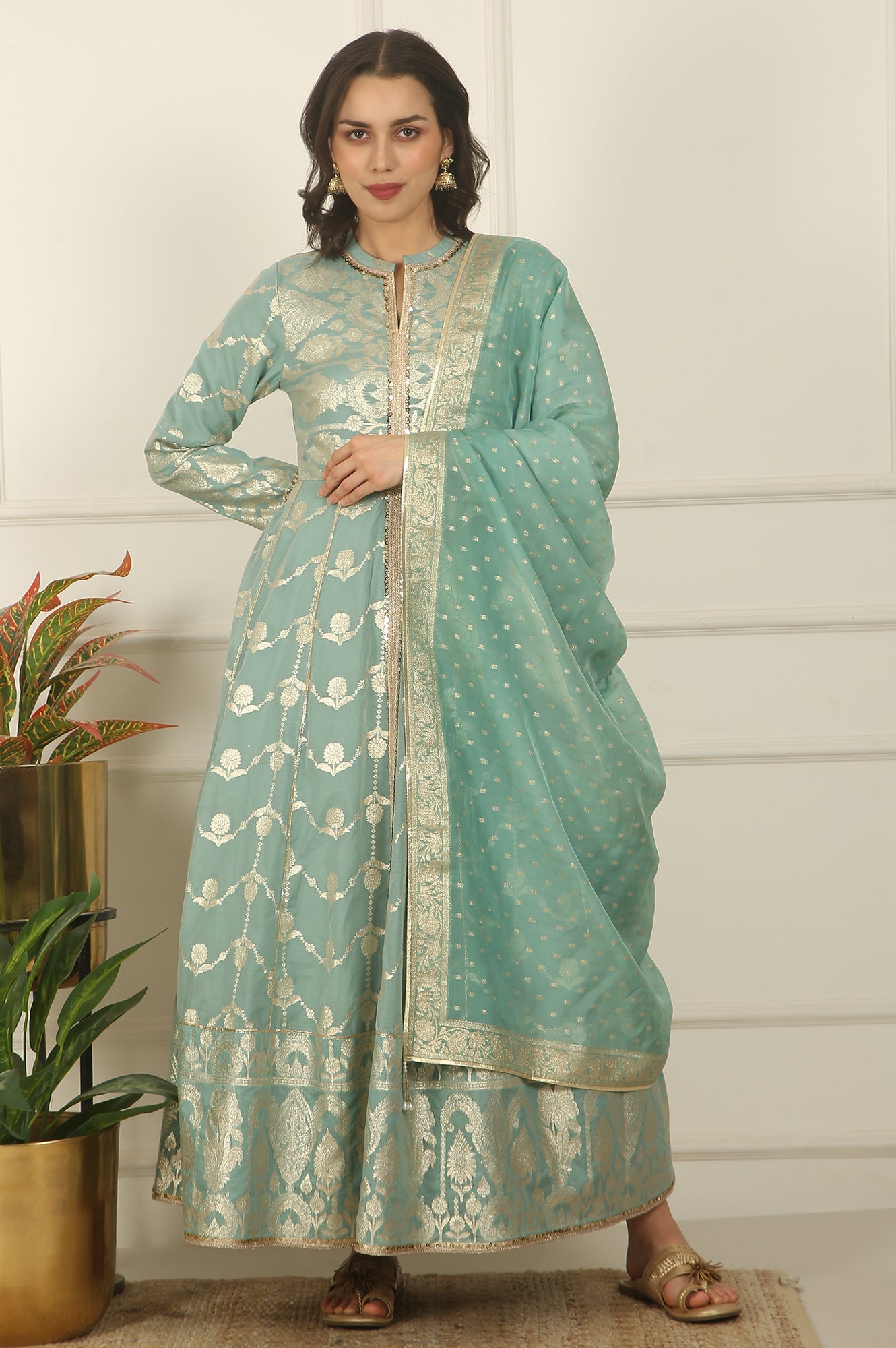 Aqua Green Zari Embroidered Jacquard Anarkali and Dupatta Set
