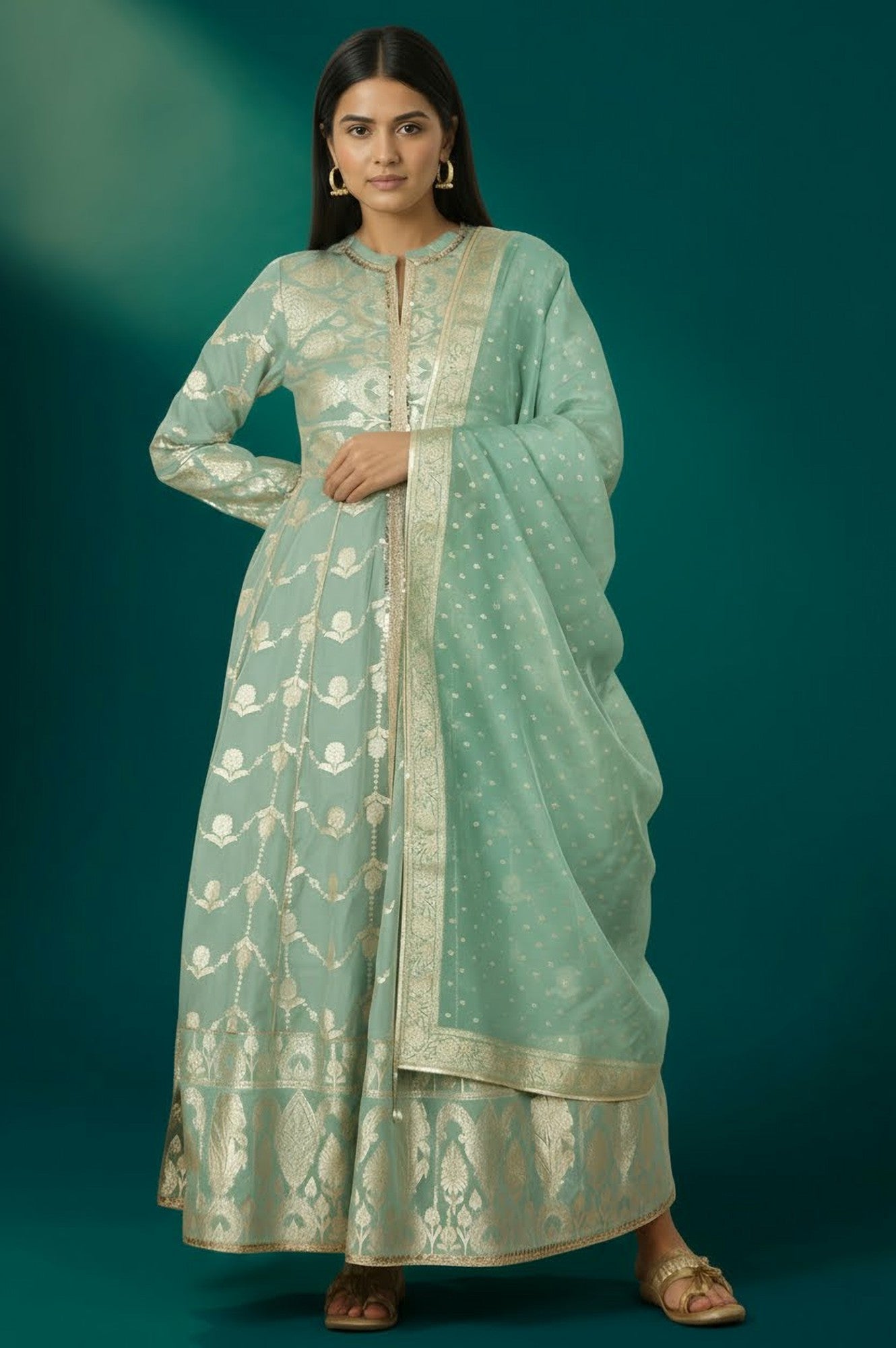 Aqua Green Zari Embroidered Jacquard Anarkali and Dupatta Set