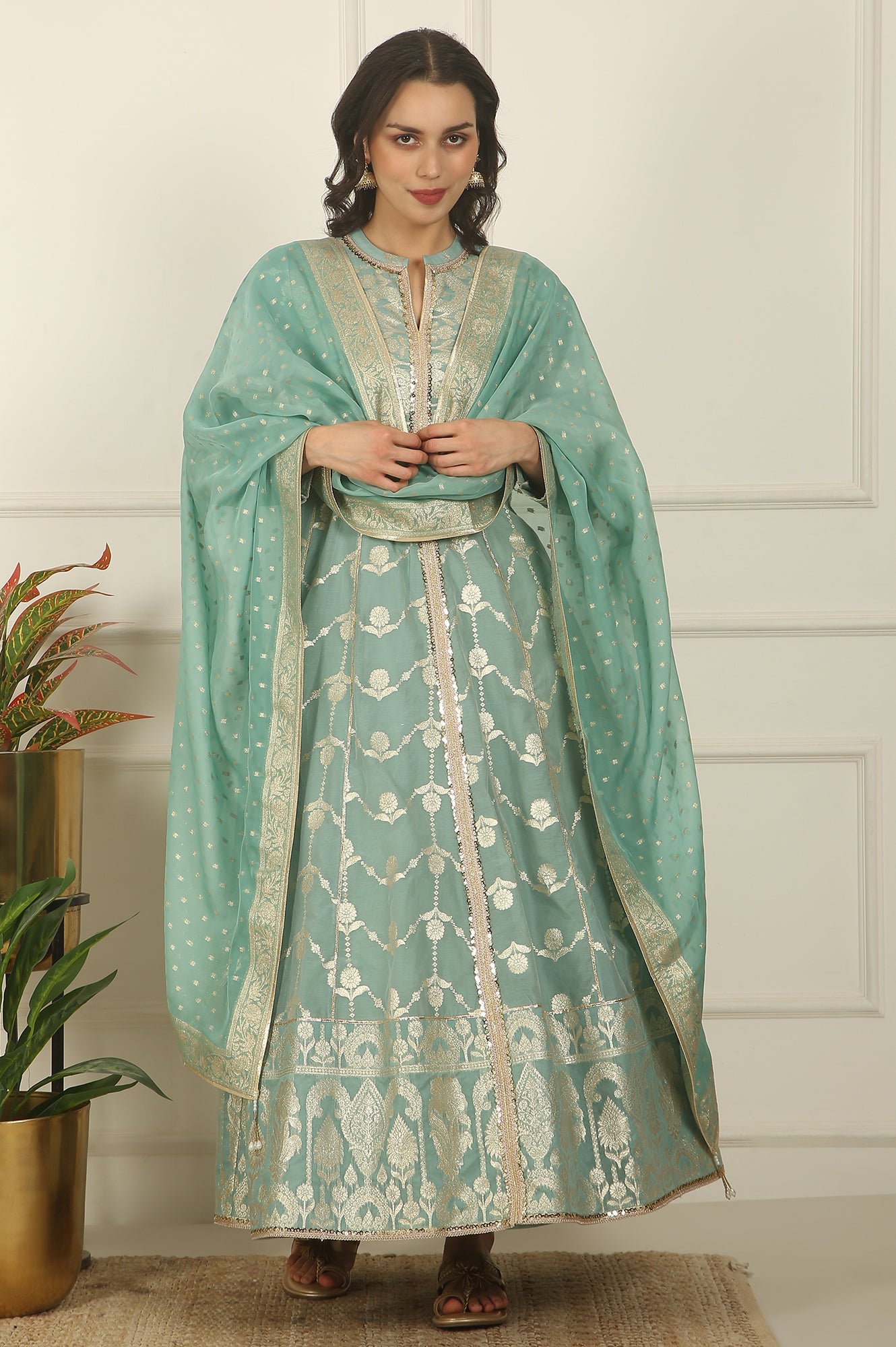 Aqua Green Zari Embroidered Jacquard Anarkali and Dupatta Set