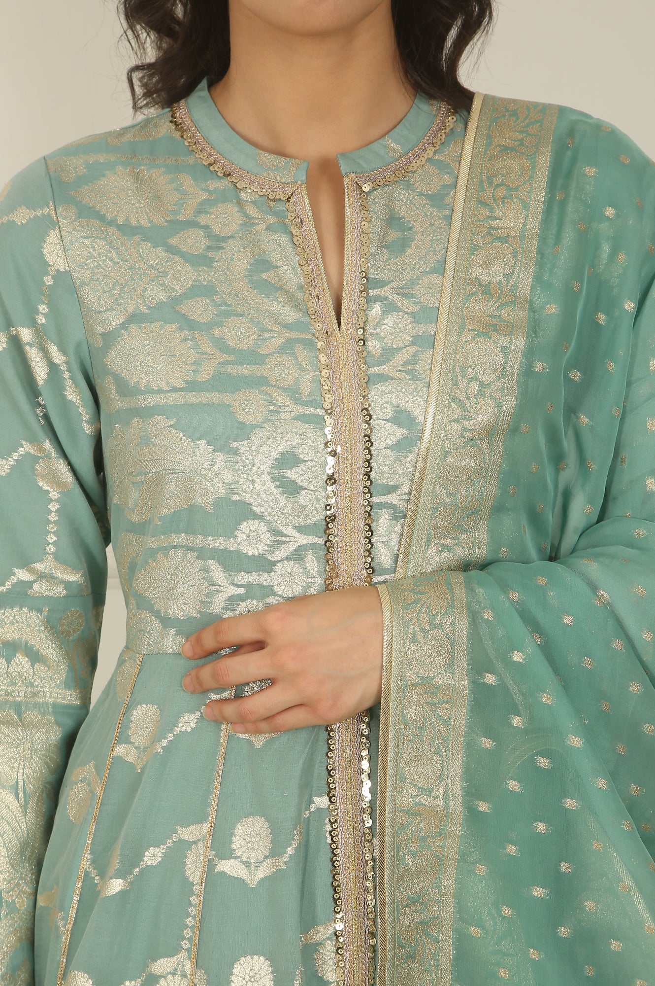 Aqua Green Zari Embroidered Jacquard Anarkali and Dupatta Set