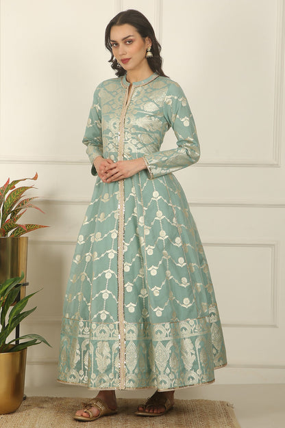 Aqua Green Zari Embroidered Jacquard Anarkali and Dupatta Set
