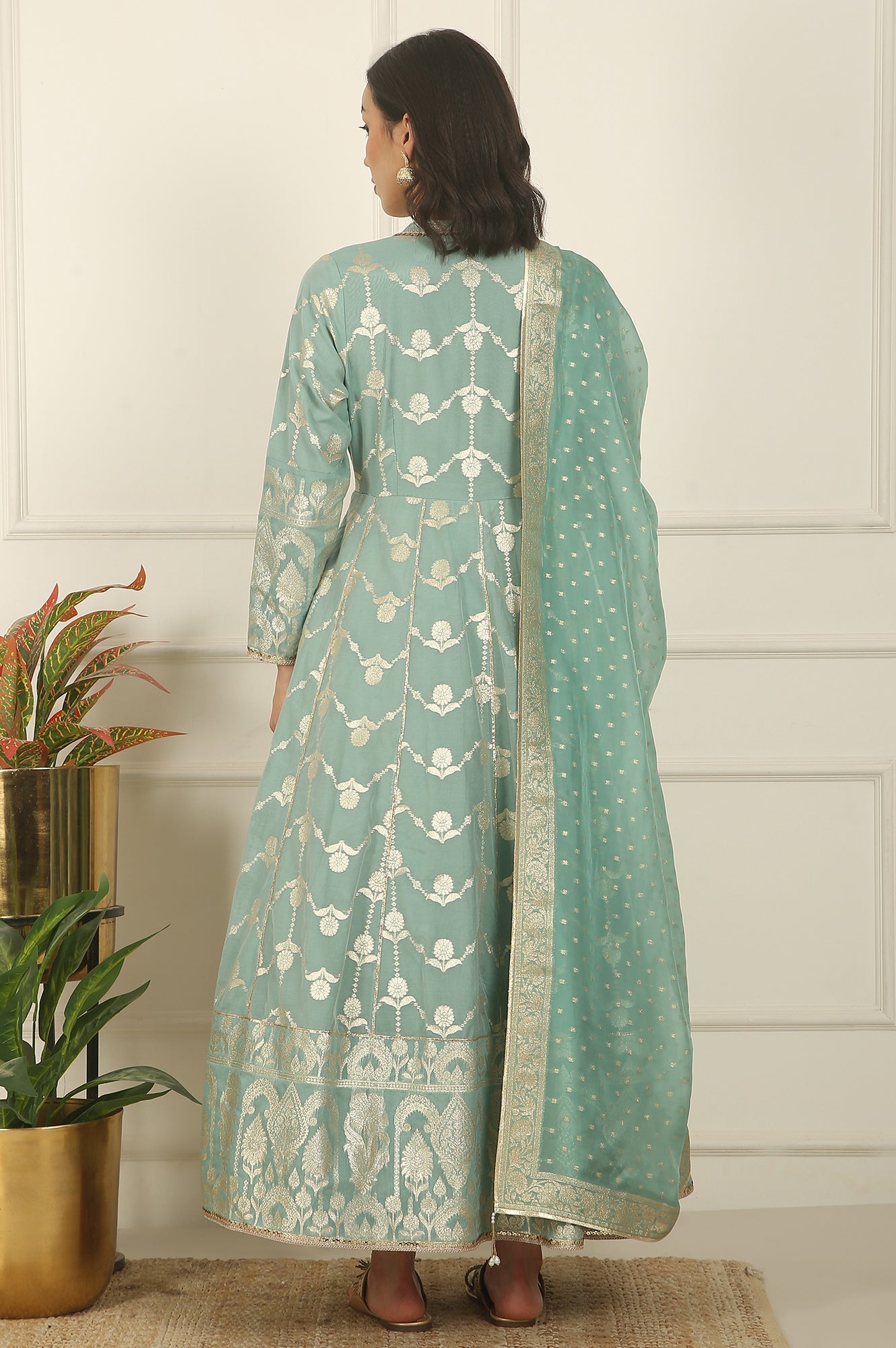 Aqua Green Zari Embroidered Jacquard Anarkali and Dupatta Set