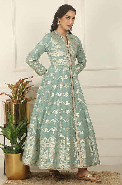 Aqua Green Zari Embroidered Jacquard Anarkali and Dupatta Set