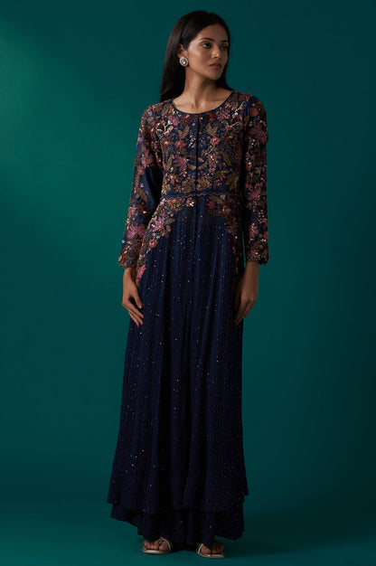 Navy Blue Heavy Embroidered Flared Georgette Kurta with Culottes Set