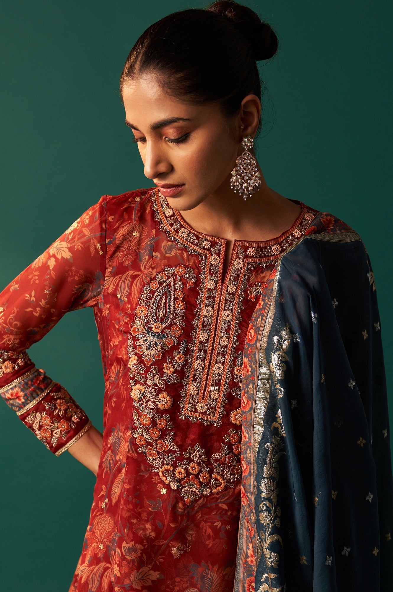 Red Floral Printed Embroidered Flared Organza Kurta with Culottes and Dupatta Set