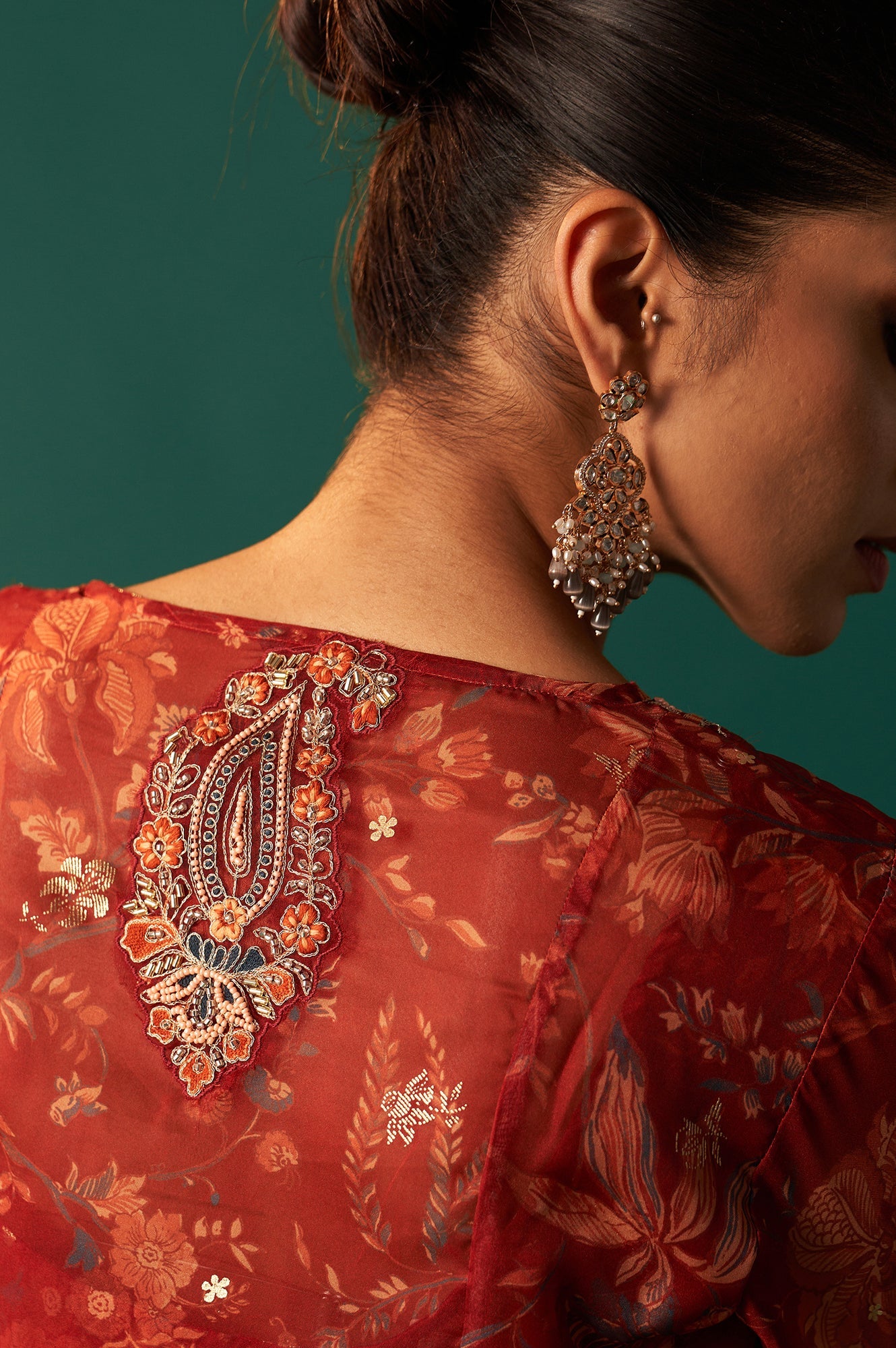 Red Floral Printed Embroidered Flared Organza Kurta with Culottes and Dupatta Set