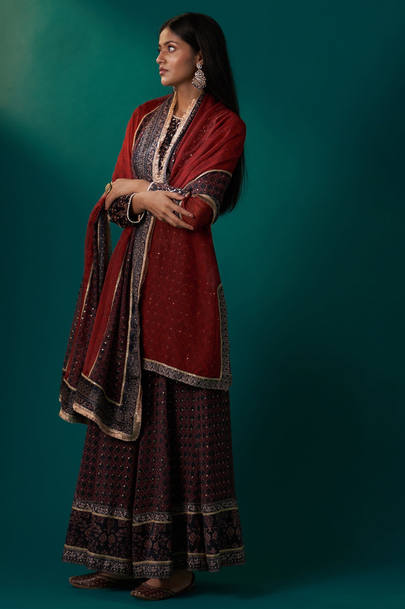Red Abstract Printed Beaded A-Line Organza Kurta with Culottes and Dupatta Set
