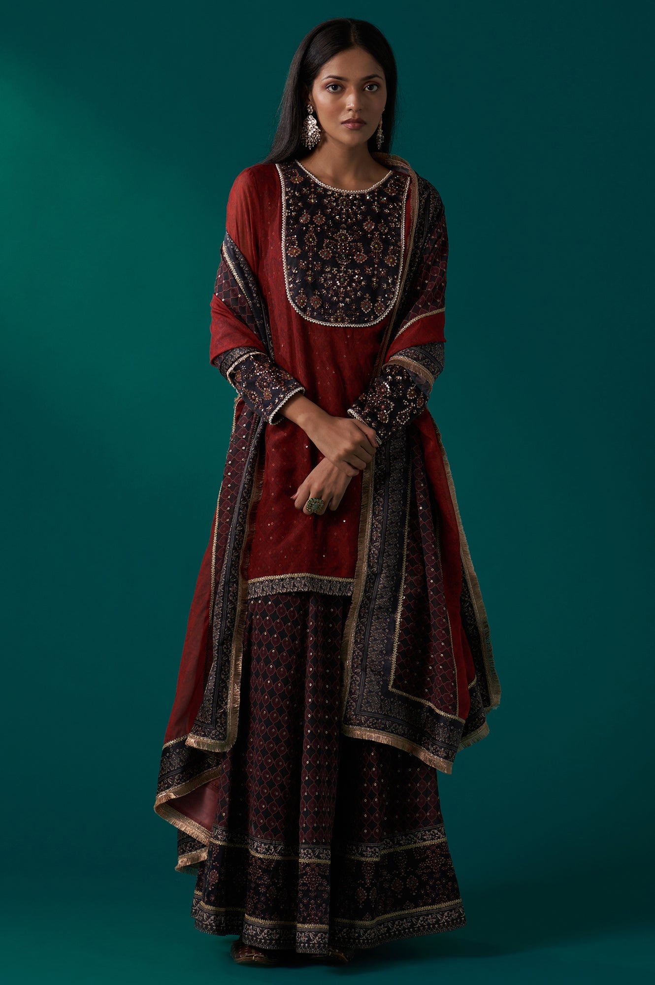 Red Abstract Printed Beaded A-Line Organza Kurta with Culottes and Dupatta Set
