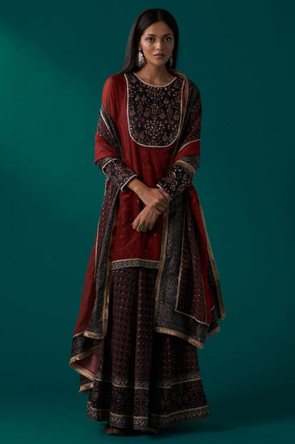 Red Abstract Printed Beaded A-Line Organza Kurta with Culottes and Dupatta Set