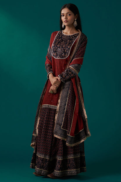 Red Abstract Printed Beaded A-Line Organza Kurta with Culottes and Dupatta Set