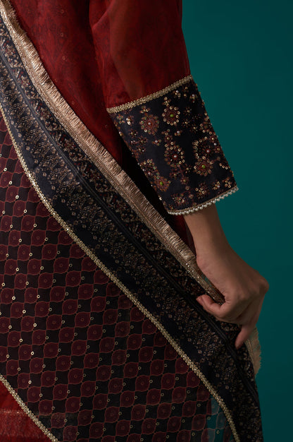 Red Abstract Printed Beaded A-Line Organza Kurta with Culottes and Dupatta Set