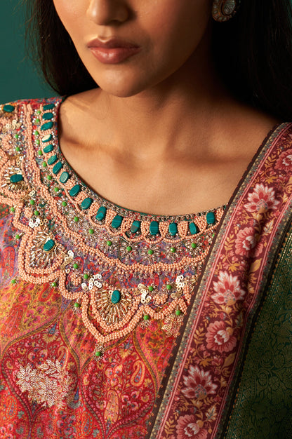 Multicolour Printed Jacquard Straight Kurta, Straight Pant and Dupatta Set