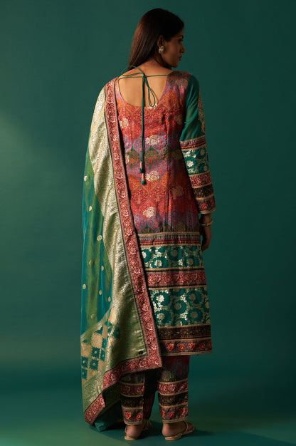 Multicolour Printed Jacquard Straight Kurta, Straight Pant and Dupatta Set