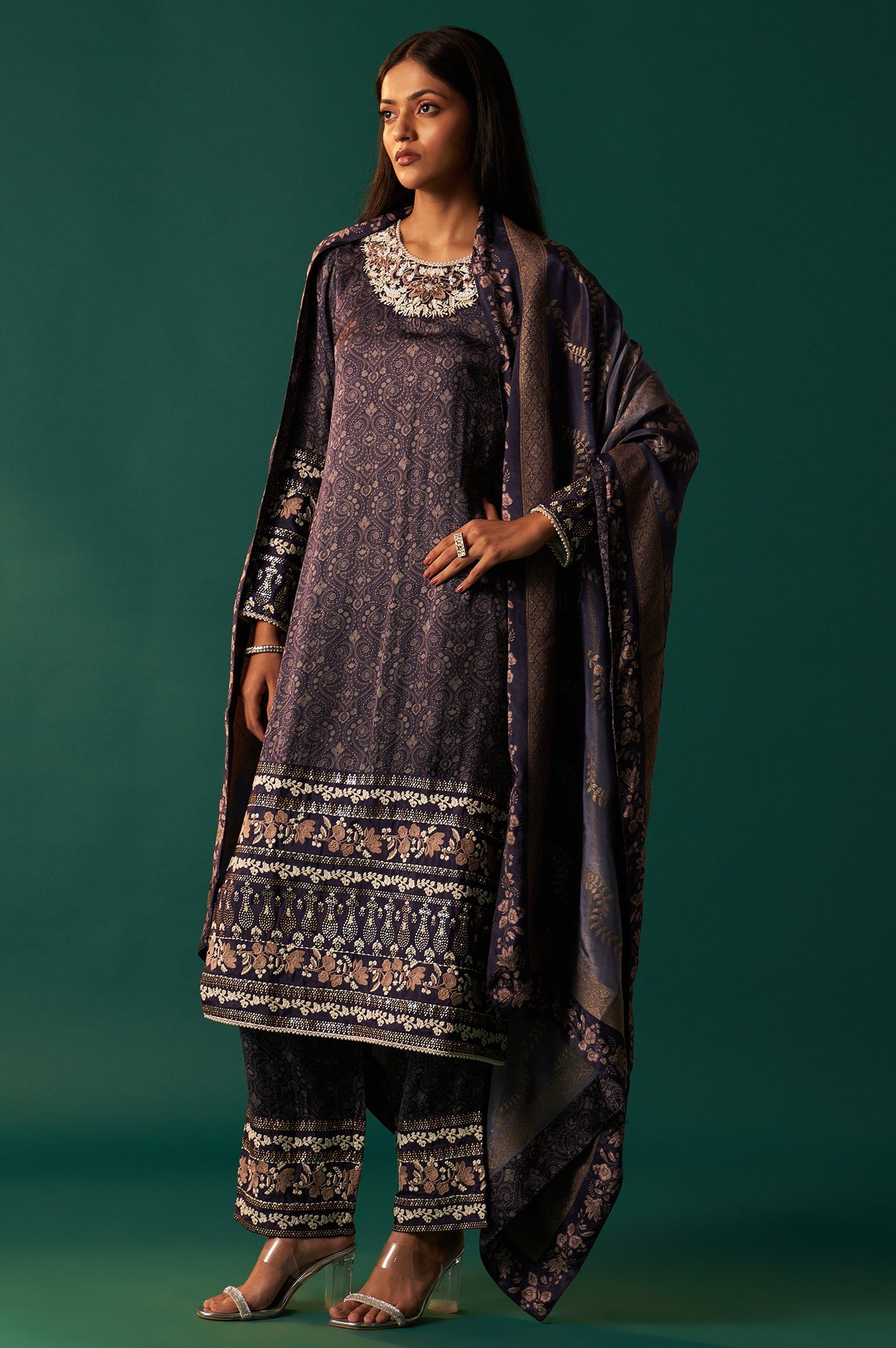 Navy Blue Floral Printed Embroidered Straight Modal Satin Kurta with Parallel Pants and Dupatta Set