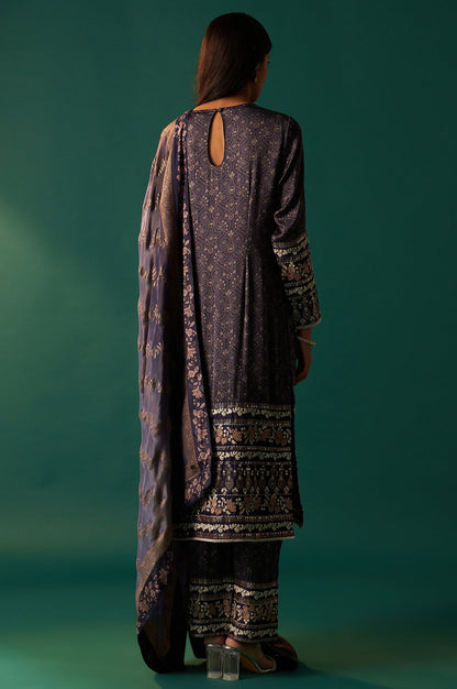 Navy Blue Floral Printed Embroidered Straight Modal Satin Kurta with Parallel Pants and Dupatta Set