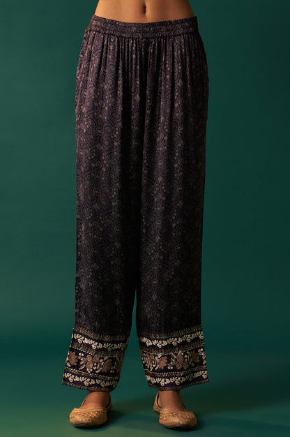 Navy Blue Floral Printed Embroidered Straight Modal Satin Kurta with Parallel Pants and Dupatta Set