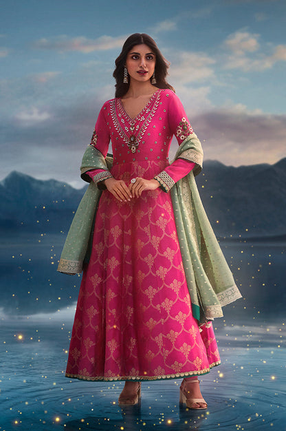 Pink Embroidered Chanderi Jaquard Zari Anarkali Kurta with Churidar and Dupatta Set