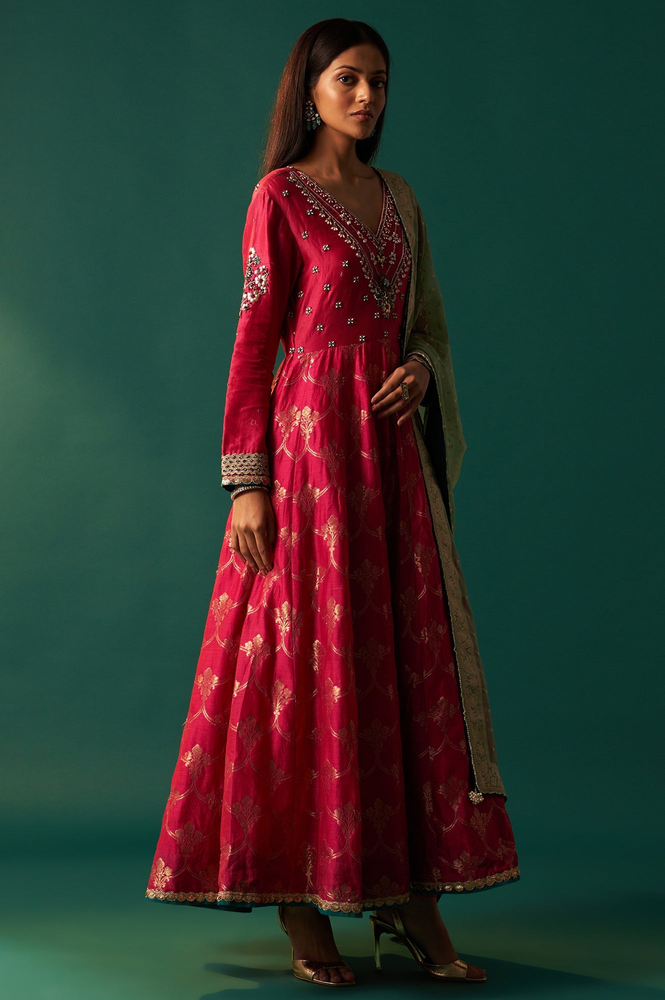 Pink Embroidered Chanderi Jaquard Zari Anarkali Kurta with Churidar and Dupatta Set