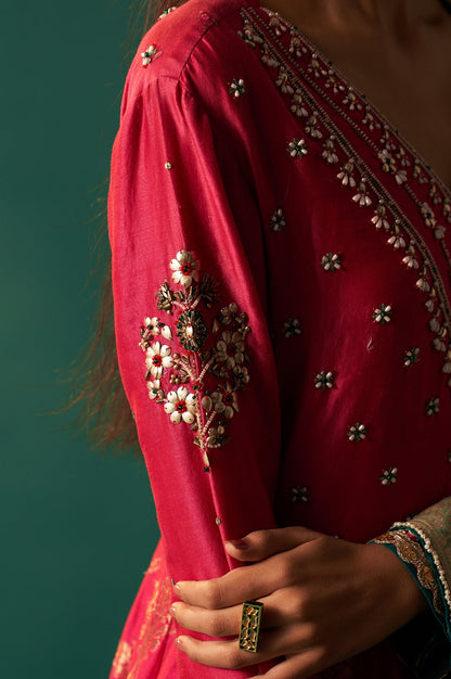 Pink Embroidered Chanderi Jaquard Zari Anarkali Kurta with Churidar and Dupatta Set