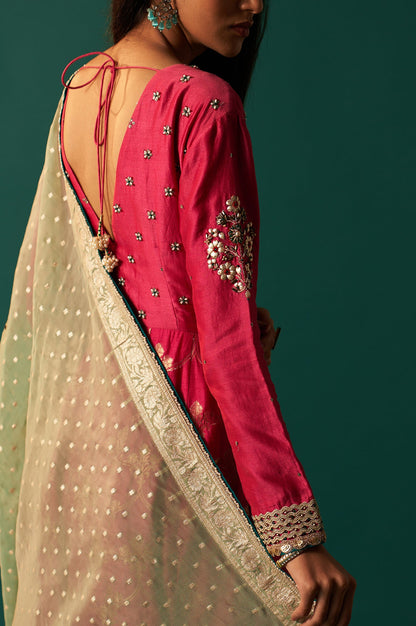 Pink Embroidered Chanderi Jaquard Zari Anarkali Kurta with Churidar and Dupatta Set