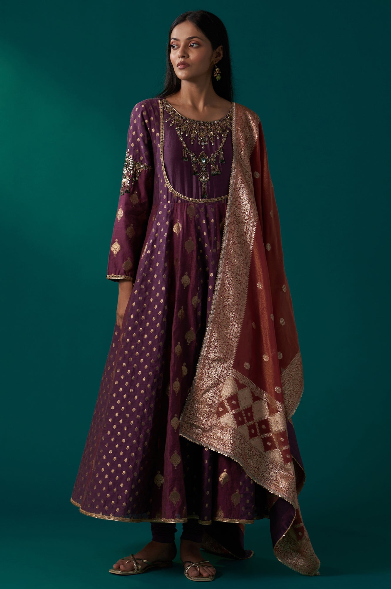 Purple Zari Embroidered Chanderi Jacquard Anarkali Kurta with Churidar and Dupatta Set
