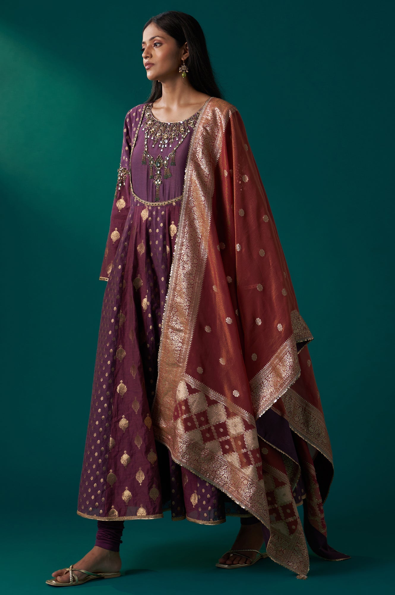 Purple Zari Embroidered Chanderi Jacquard Anarkali Kurta with Churidar and Dupatta Set