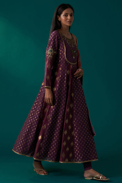 Purple Zari Embroidered Chanderi Jacquard Anarkali Kurta with Churidar and Dupatta Set