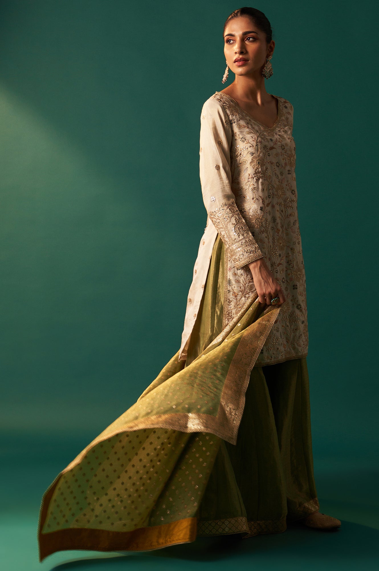 White Zari Embroidered Tissue Straight Kurta with Sharara and Dupatta Set