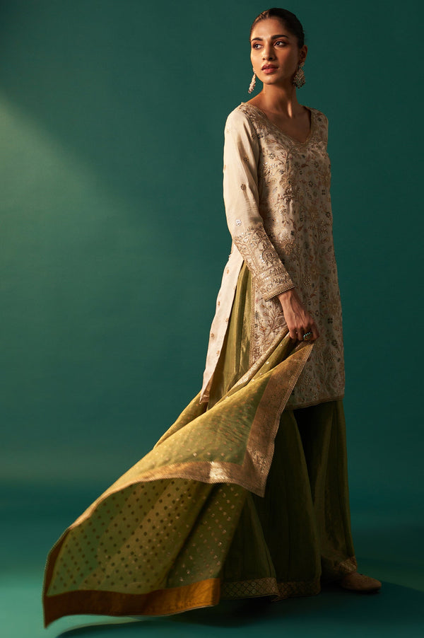 White Zari Embroidered Tissue Straight Kurta with Sharara and Dupatta Set