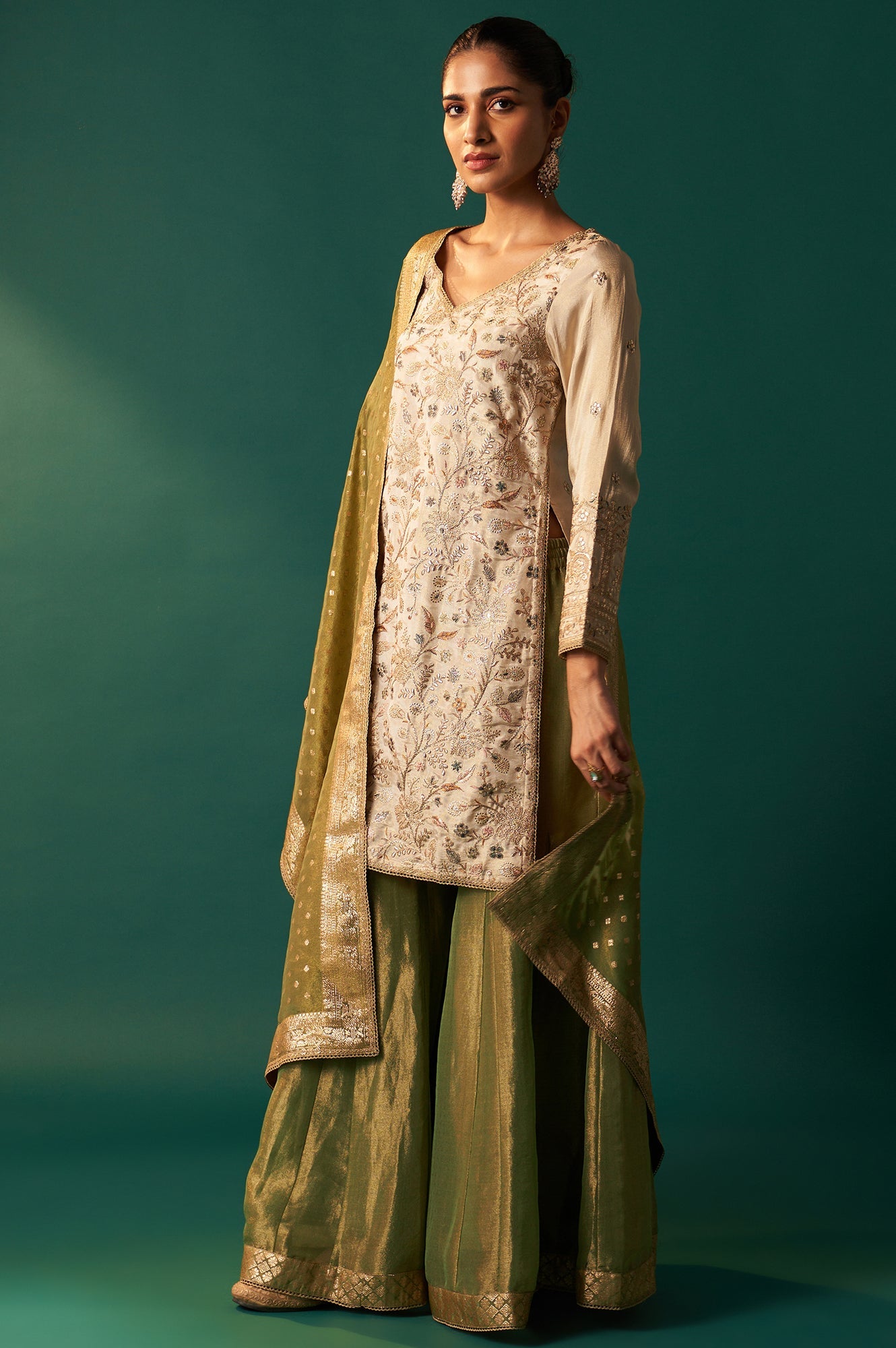 White Zari Embroidered Tissue Straight Kurta with Sharara and Dupatta Set