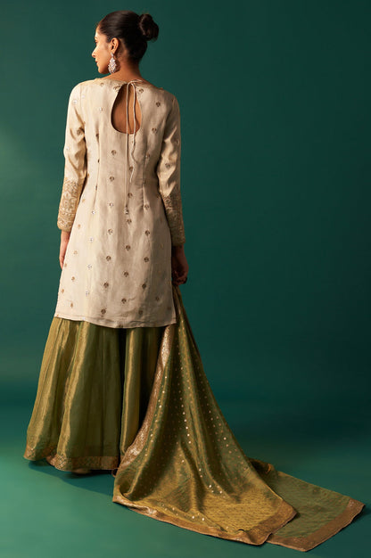 White Zari Embroidered Tissue Straight Kurta with Sharara and Dupatta Set