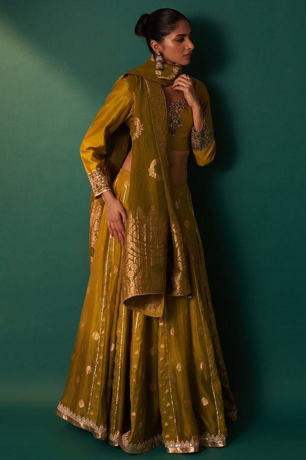 Green Embroidered Flared Cotton Blouse with Skirt and Dupatta Set