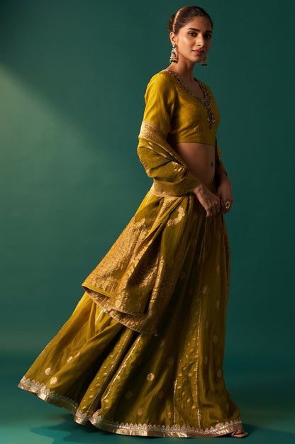 Green Embroidered Flared Cotton Blouse with Skirt and Dupatta Set