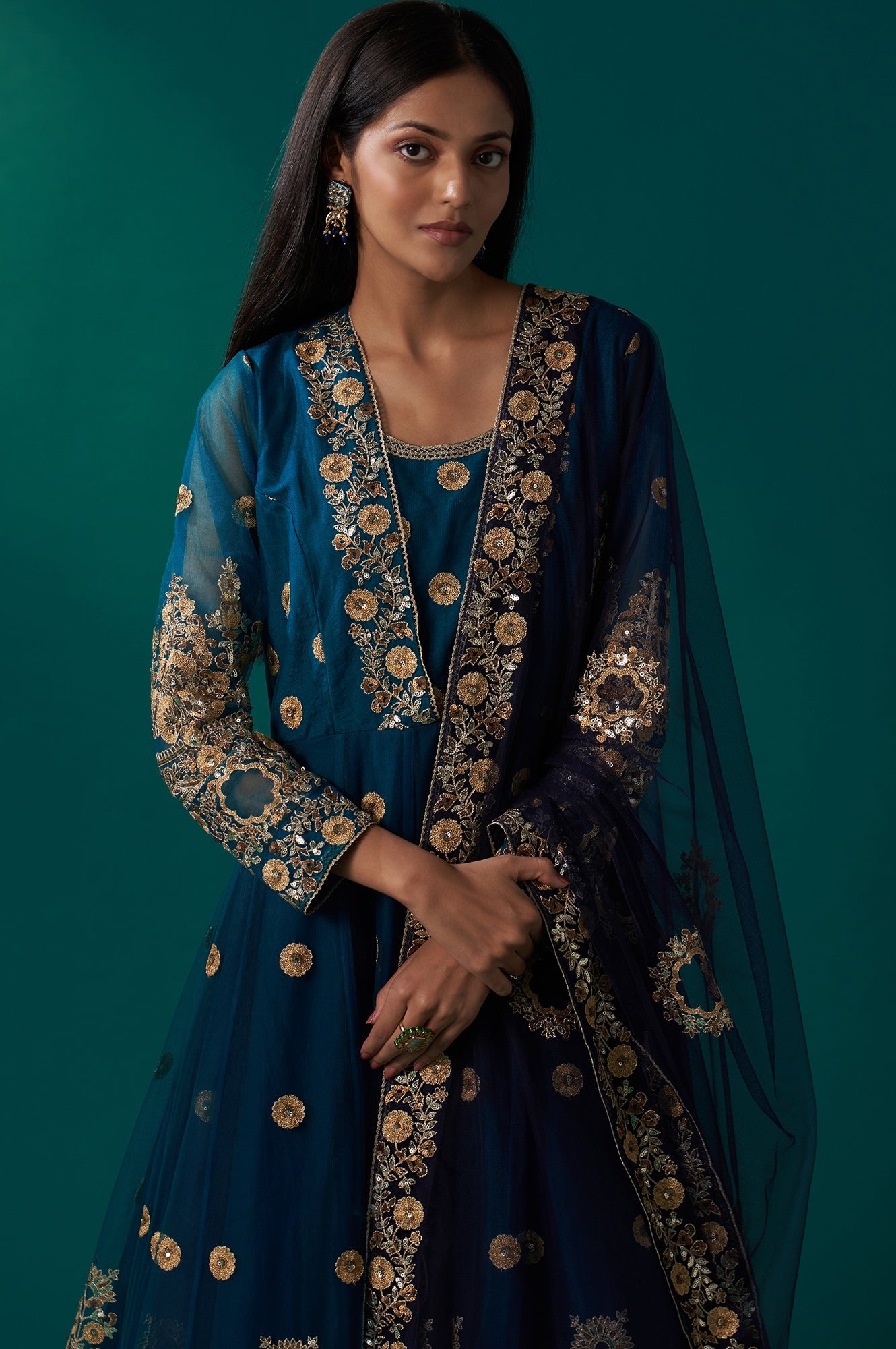 Blue Embroidered Zardozi Anarkali Kurta with Churidar and Dupatta Set