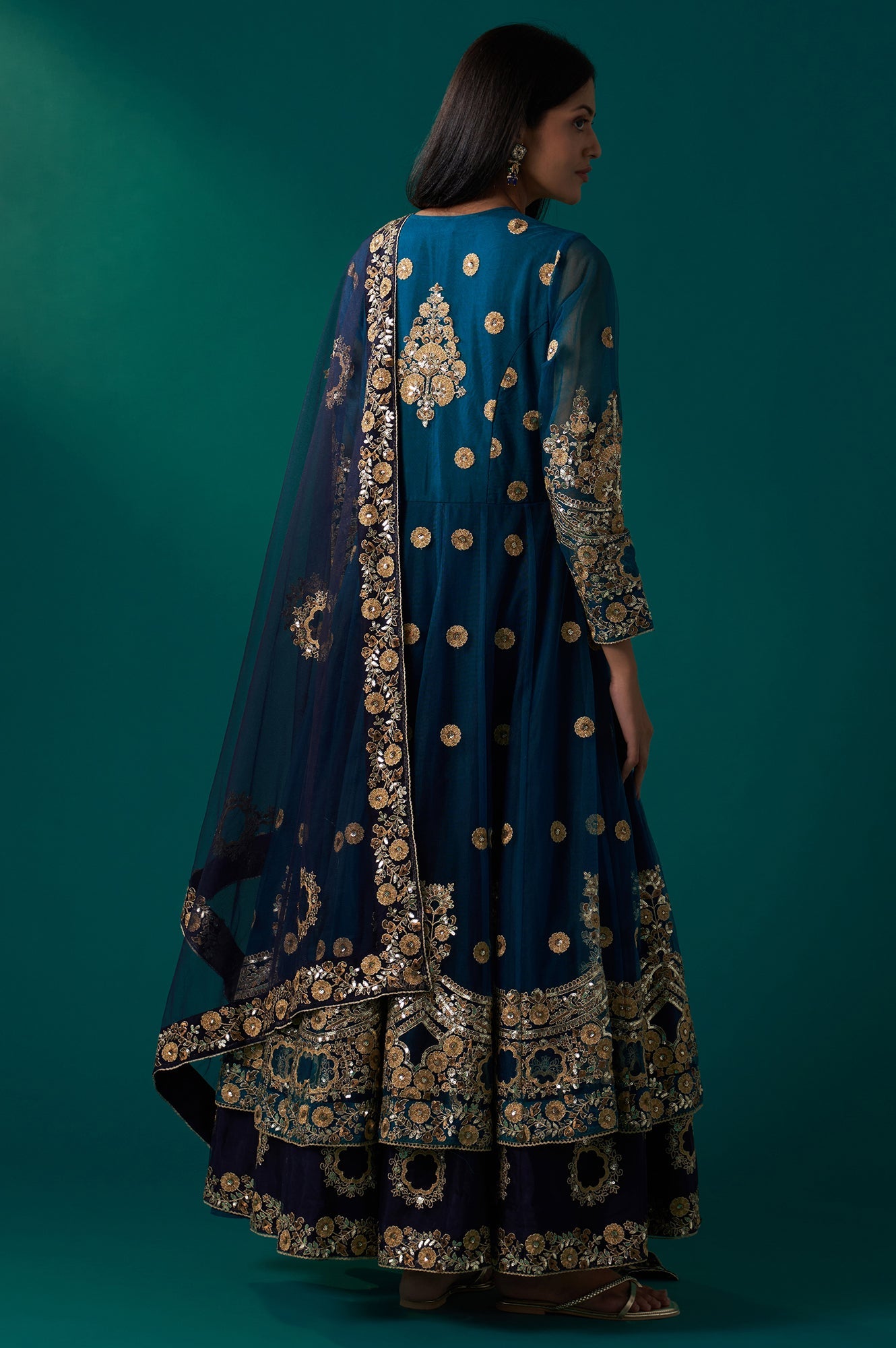 Blue Embroidered Zardozi Anarkali Kurta with Churidar and Dupatta Set