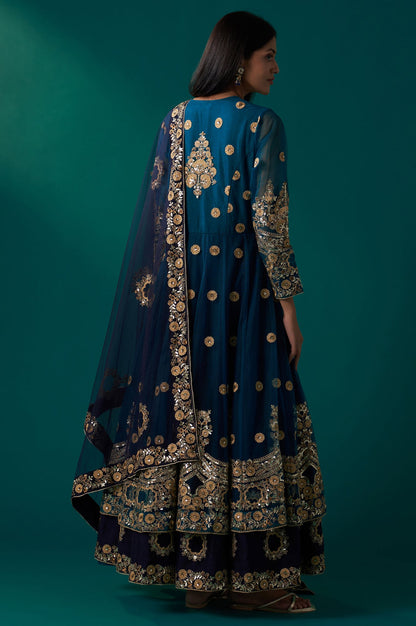 Blue Embroidered Zardozi Anarkali Kurta with Churidar and Dupatta Set