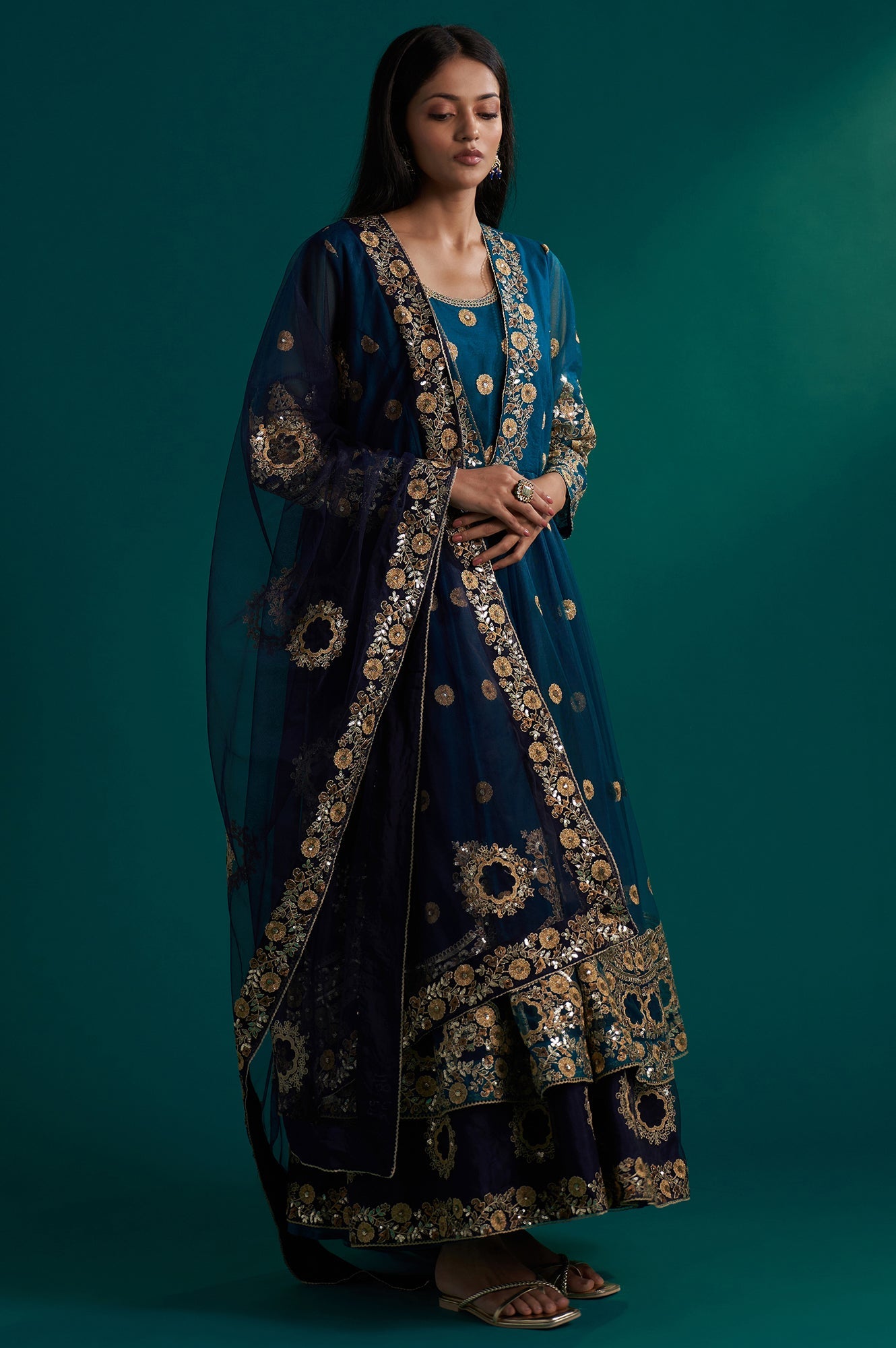 Blue Embroidered Zardozi Anarkali Kurta with Churidar and Dupatta Set