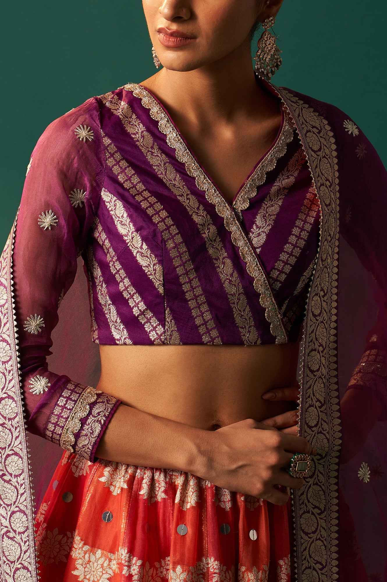 Purple Zari Embroidered Jacquard Blouse with Flared Skirt and Dupatta Set