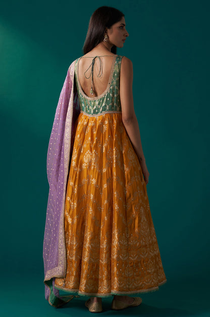 Yellow and Green Zardozi Embroidered Jacquard Anarkali Kurta with Churidar and Dupatta Set