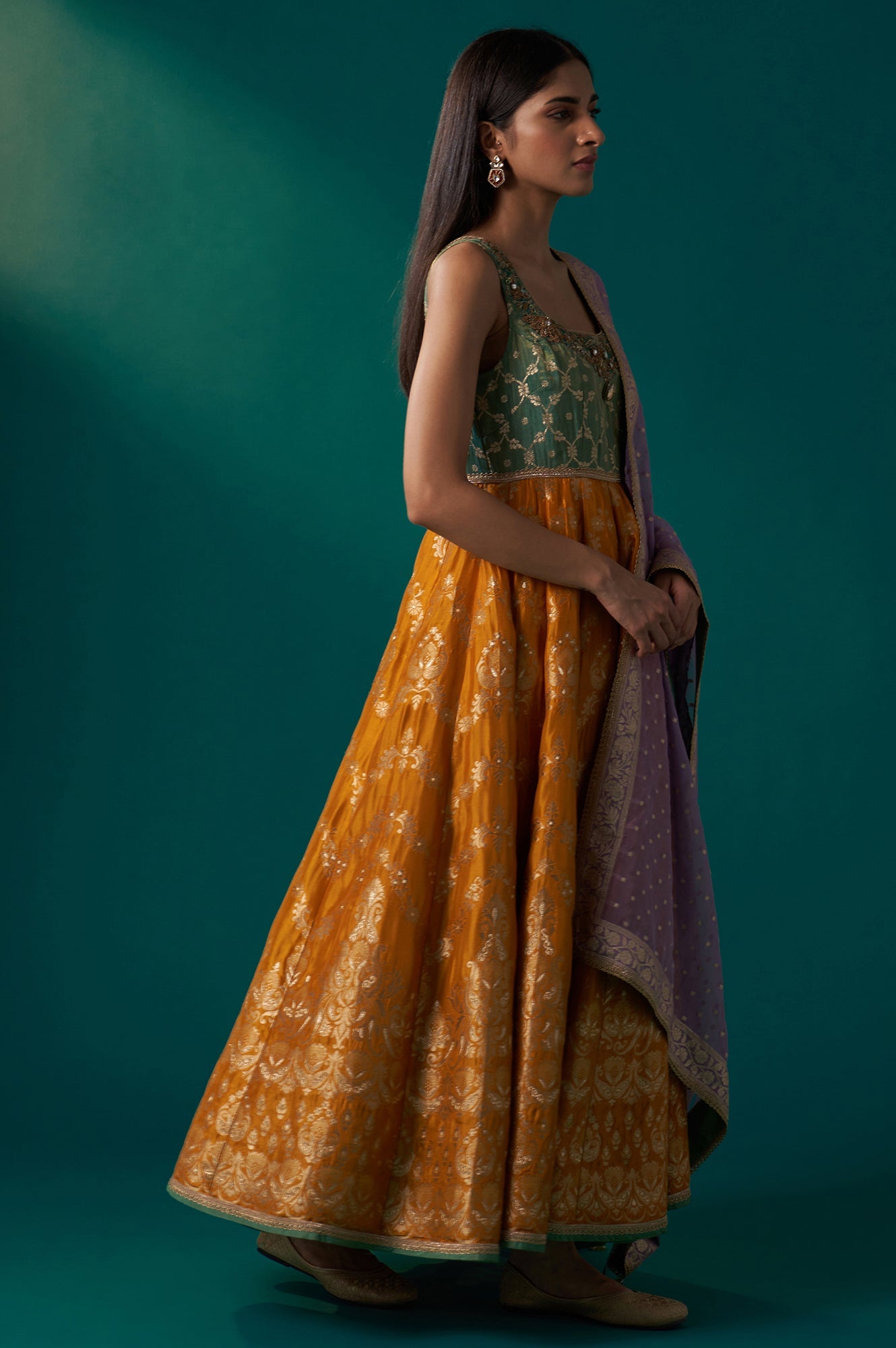 Yellow and Green Zardozi Embroidered Jacquard Anarkali Kurta with Churidar and Dupatta Set
