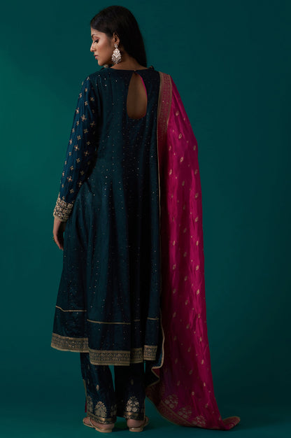 Teal Green Heavy Embroidered Sequined Anarkali Kurta with Straight Pant and Dupatta Set
