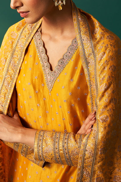Yellow Embroidered Jacquard Straight Festive Kurta with Culotte and Dupatta Set
