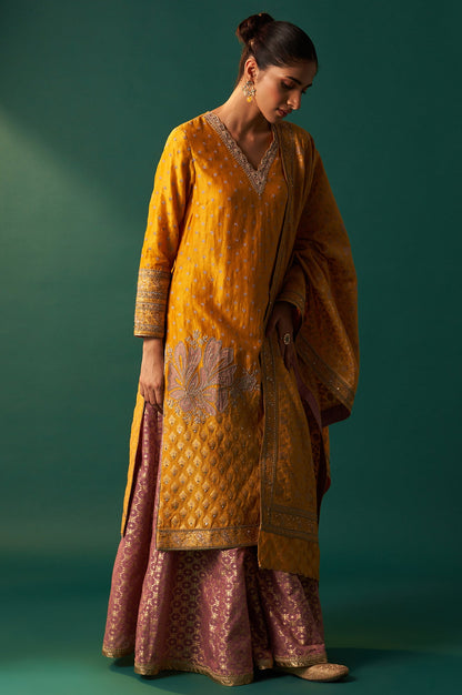 Yellow Embroidered Jacquard Straight Festive Kurta with Culotte and Dupatta Set